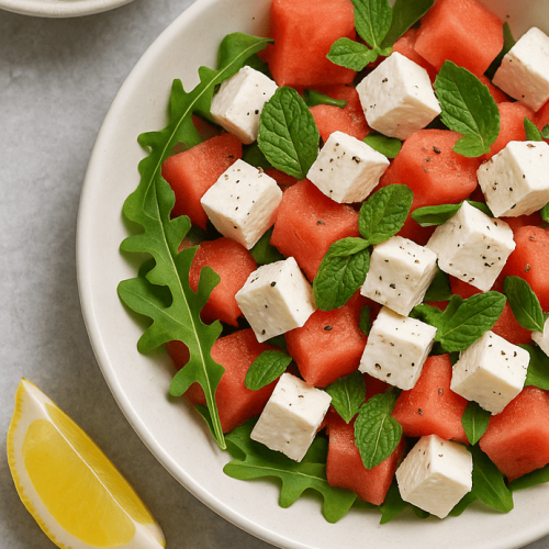 Svieži šalát s melónom, fetou a mätou