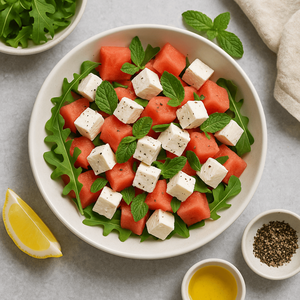 Svieži šalát s melónom, fetou a mätou